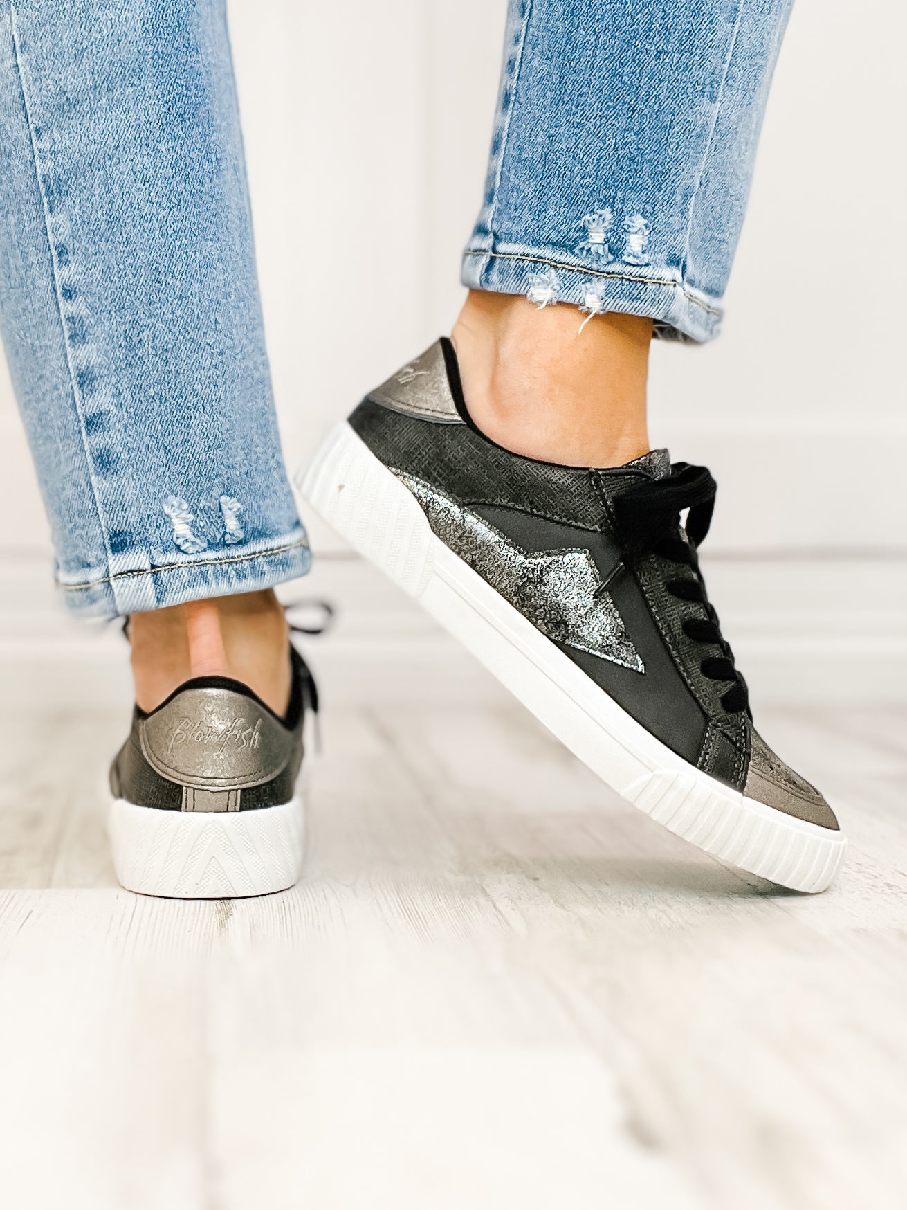 Blowfish Willa Sneaker Shoes in Light Black Orbital/Black Ella/Pewter Glitter Snake