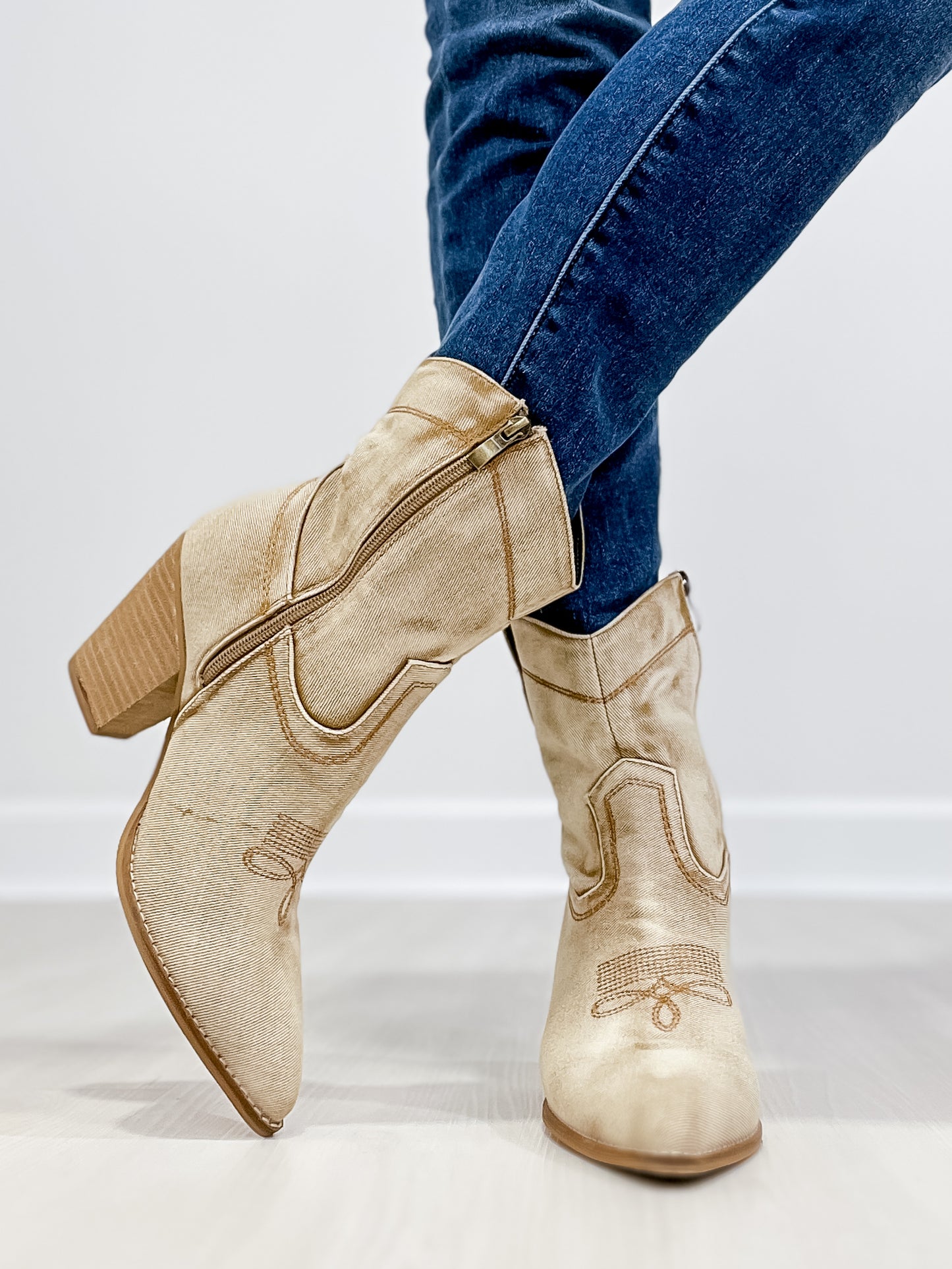 Corkys Smoke Show Western Booties in Washed Beige Denim