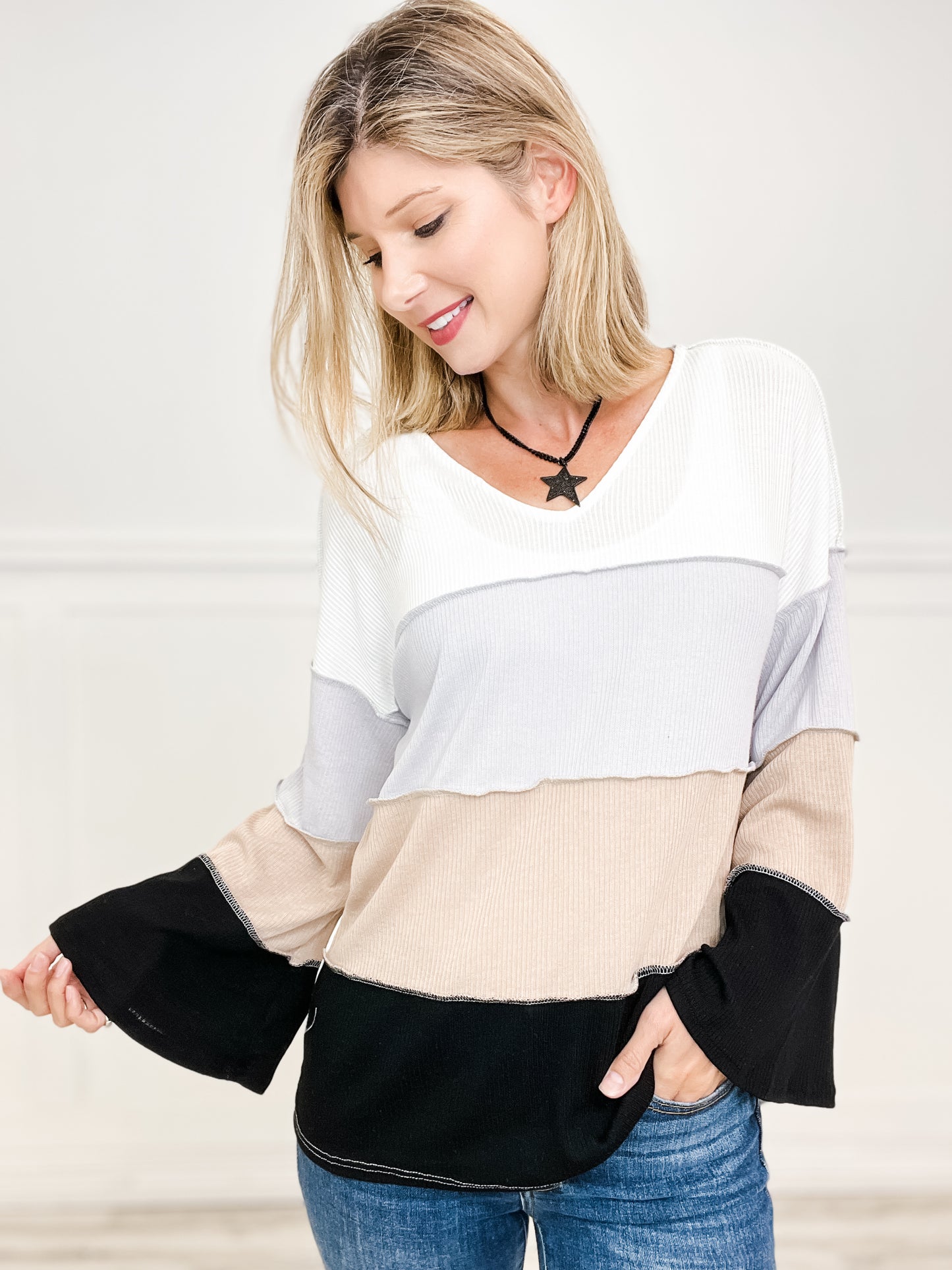 BELLA RIB KNIT COLOR BLOCK TOP WITH STITCHING DETAIL