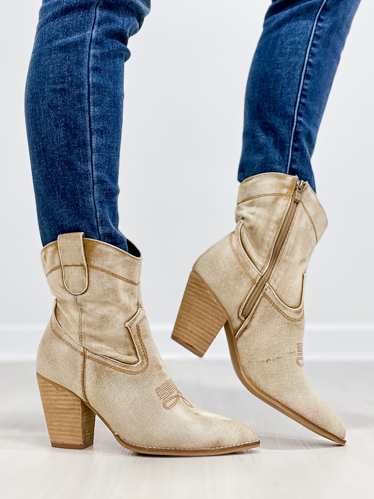 Corkys Smoke Show Western Booties in Washed Beige Denim