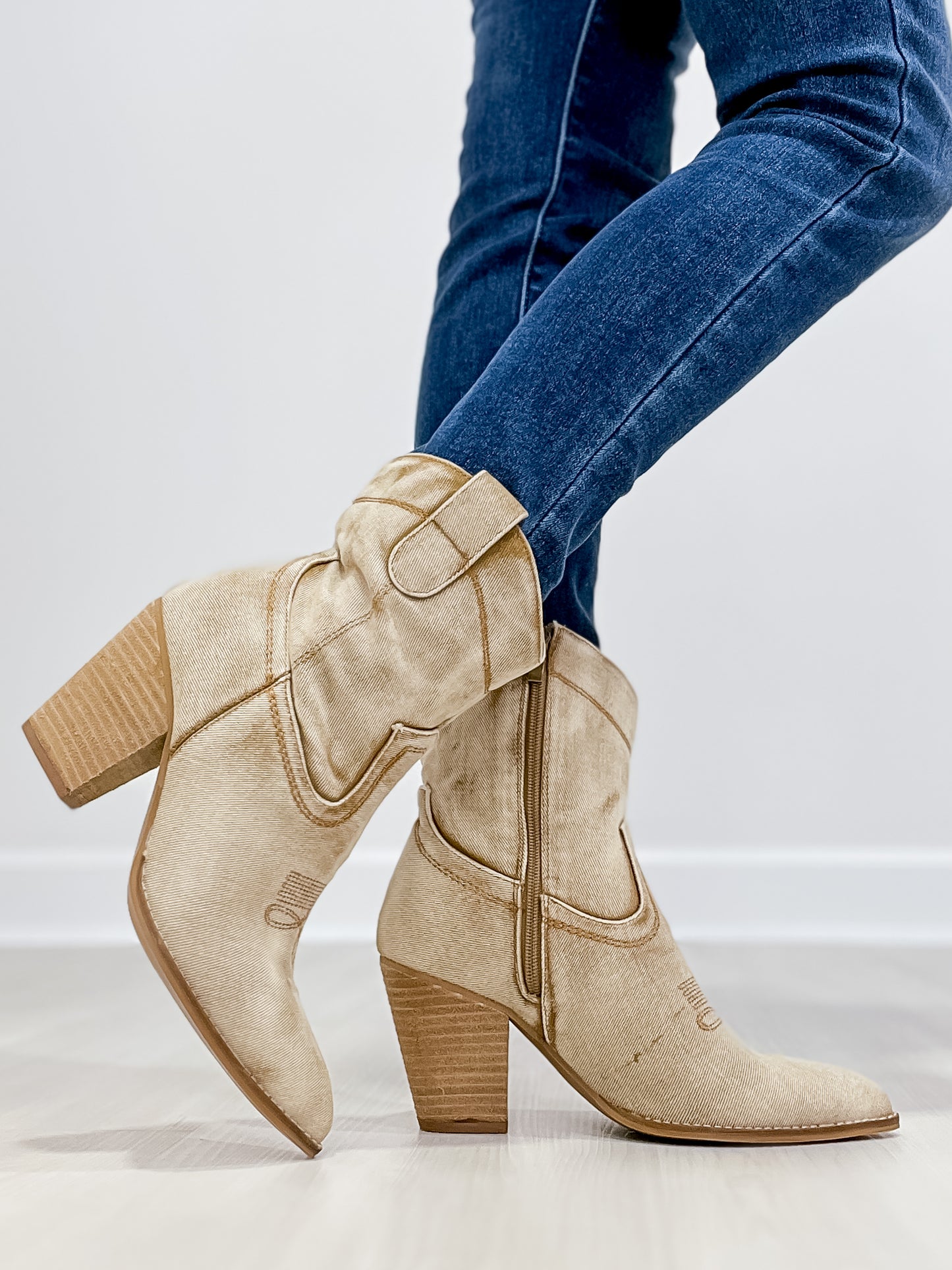 Corkys Smoke Show Western Booties in Washed Beige Denim