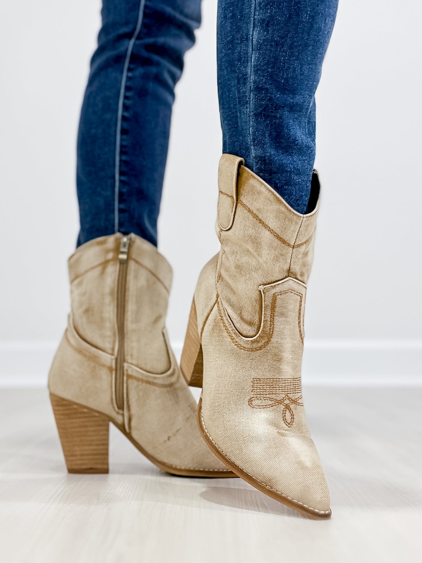 Corkys Smoke Show Western Booties in Washed Beige Denim