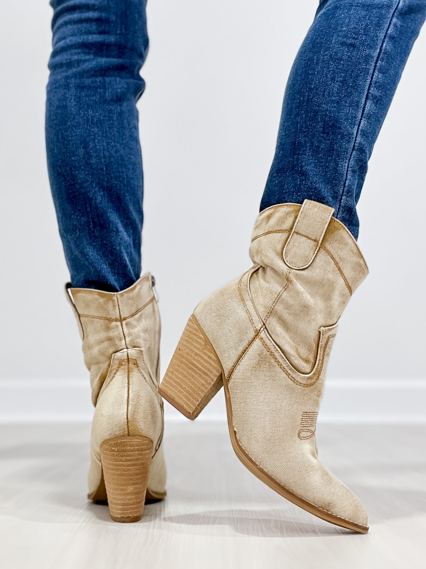 Corkys Smoke Show Western Booties in Washed Beige Denim