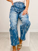 Bow Print Washed Barrel Denim Pants