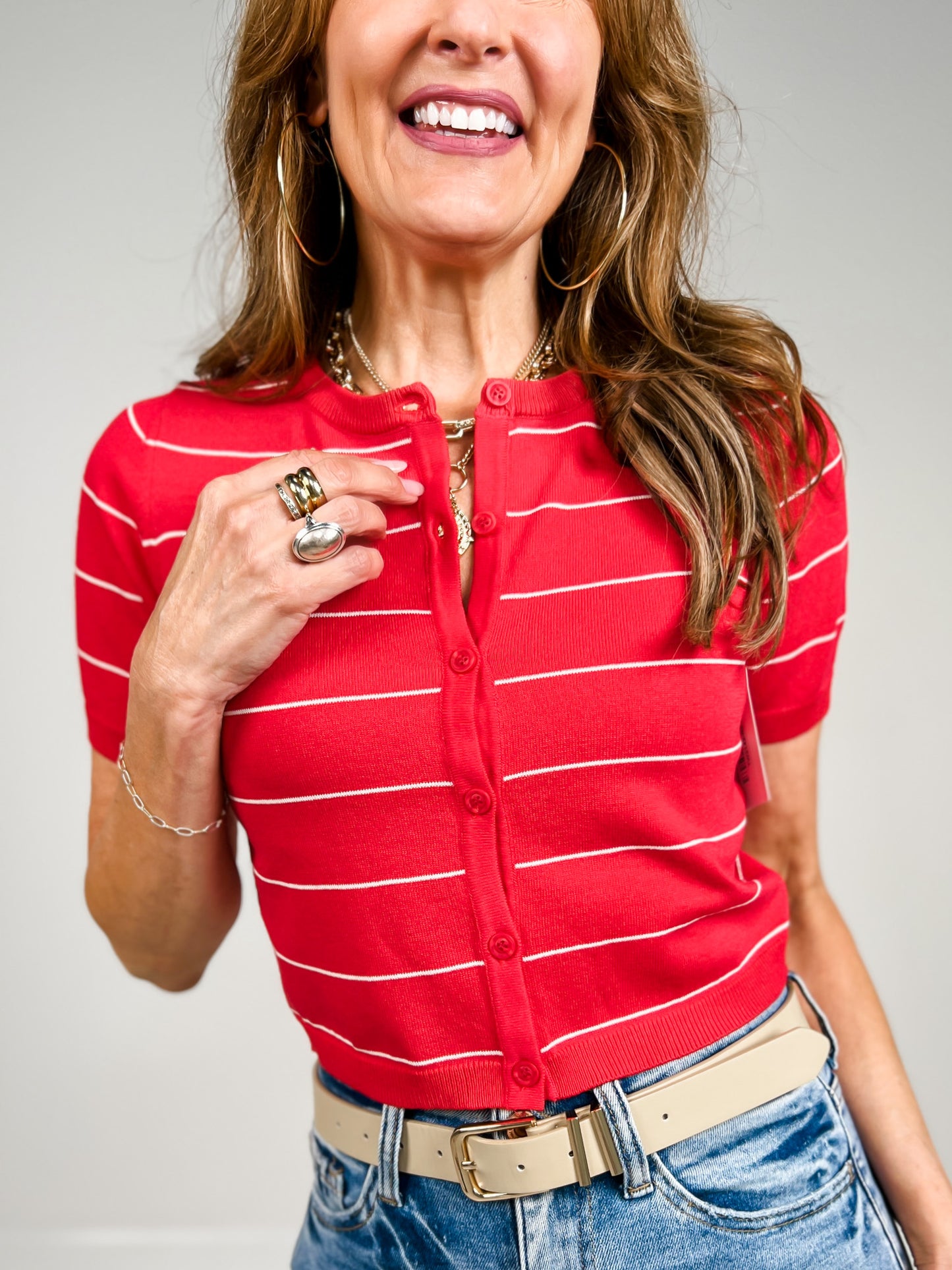 Stripe Short Sleeve Button Down Cropped Cardigan