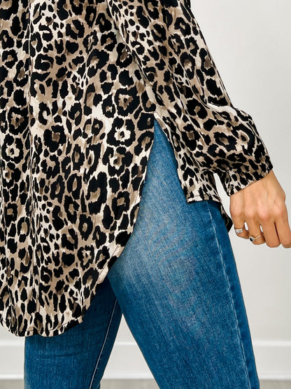 Leopard Print Tunic Top with Long Bubble Sleeves