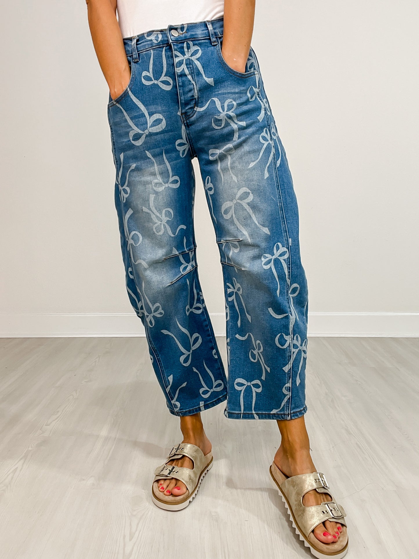 Bow Print Washed Barrel Denim Pants