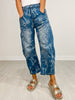 Bow Print Washed Barrel Denim Pants