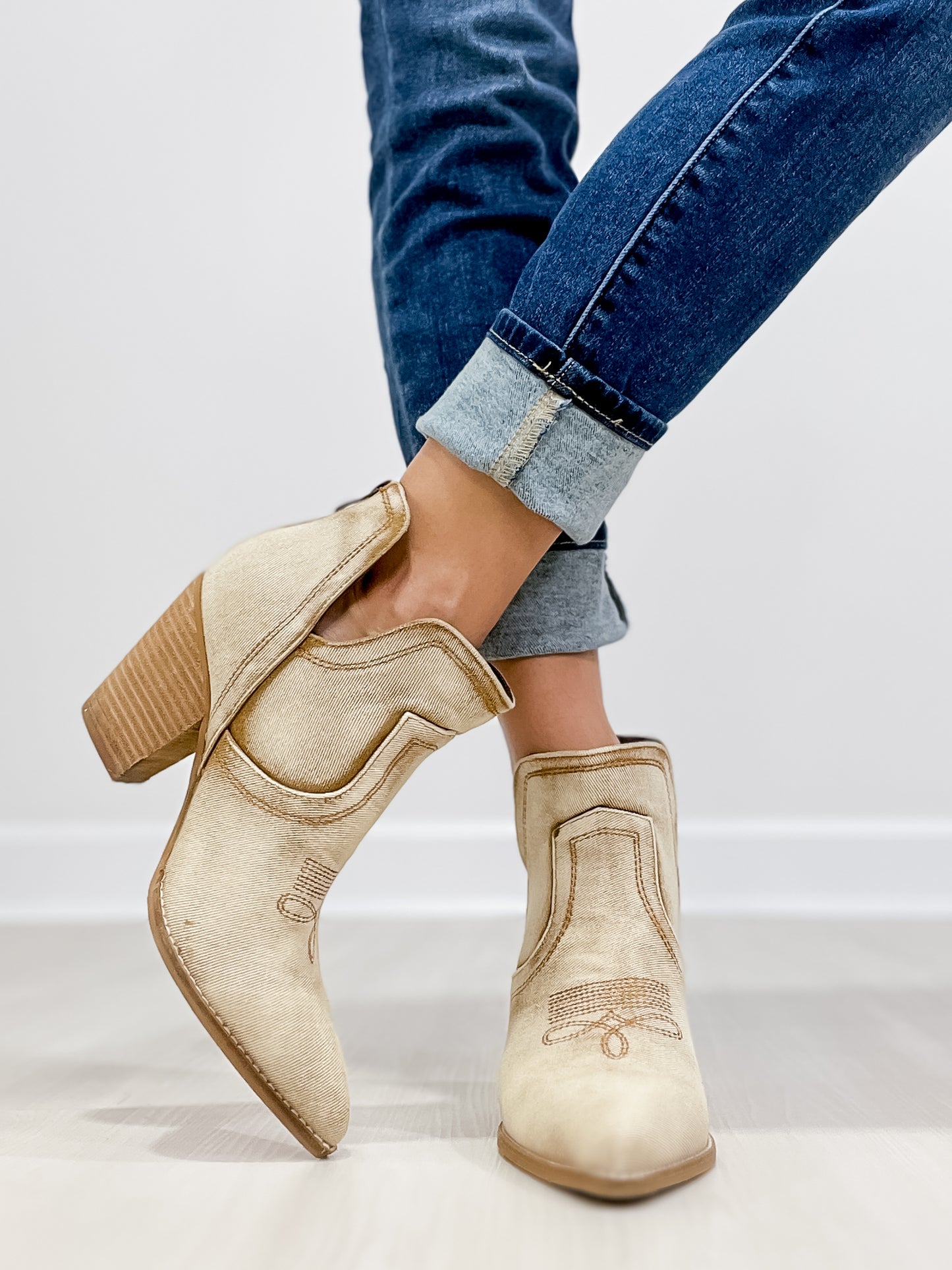 Corkys Smoke Show Western Booties in Washed Beige Denim