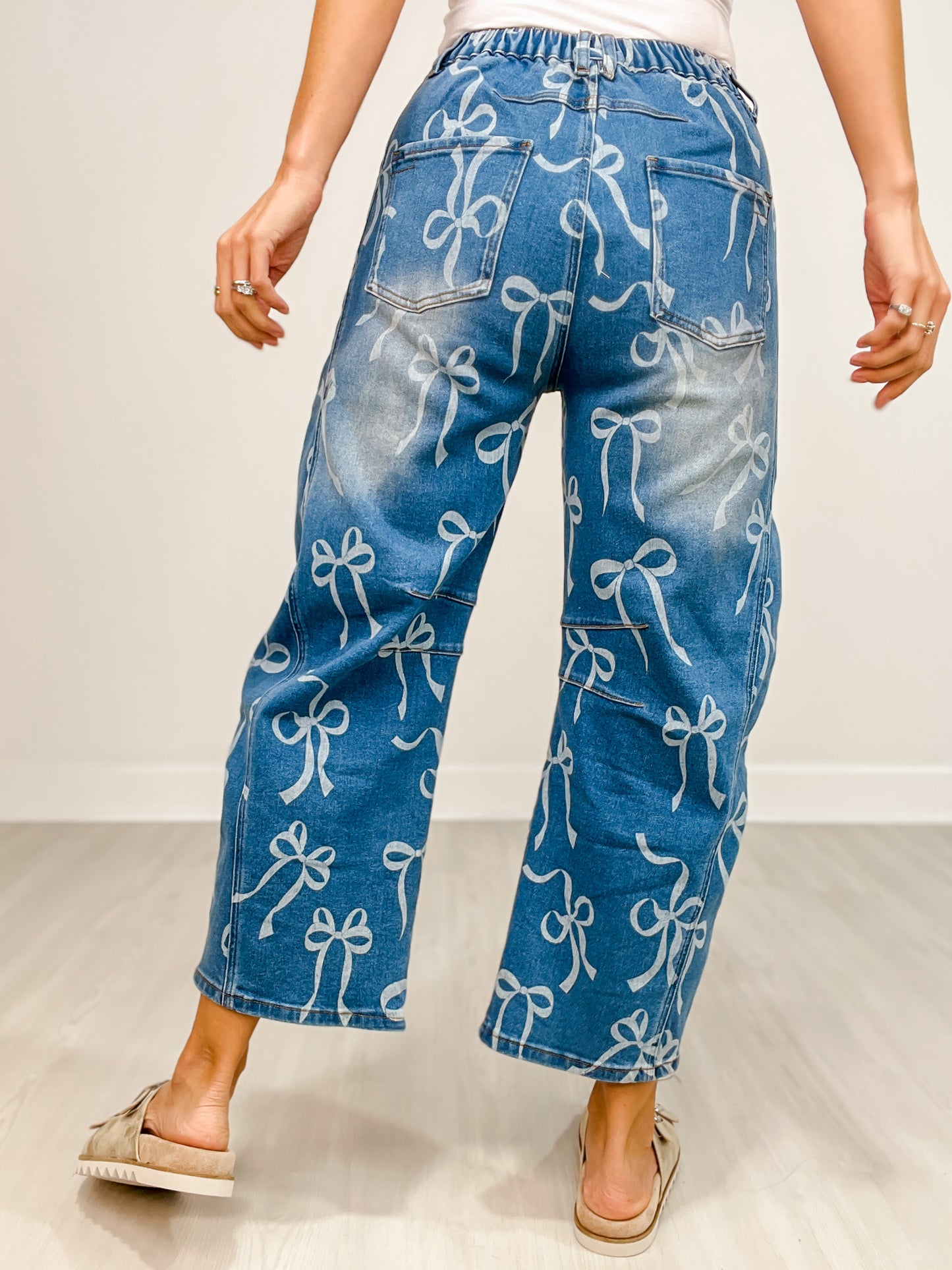 Bow Print Washed Barrel Denim Pants