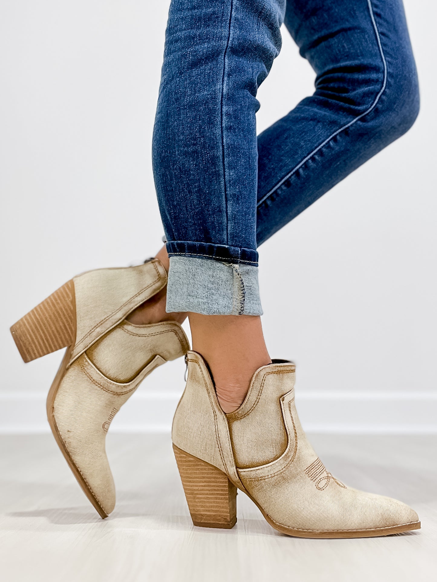 Corkys Smoke Show Western Booties in Washed Beige Denim