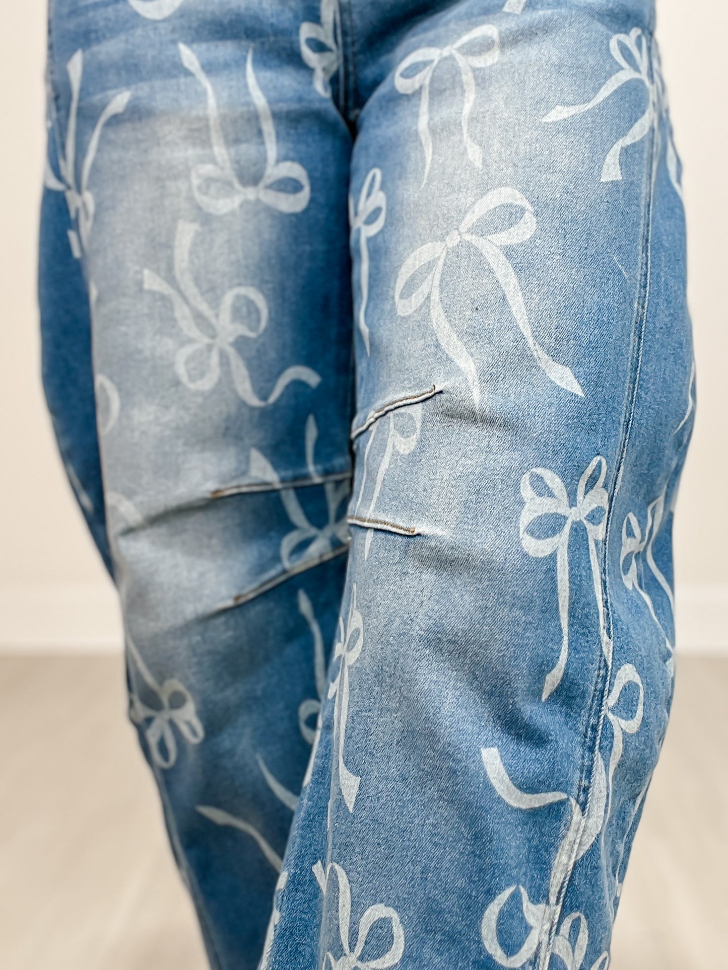 Bow Print Washed Barrel Denim Pants