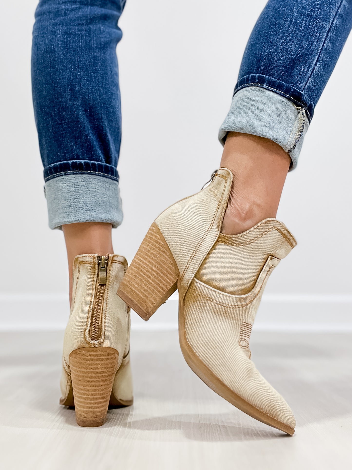 Corkys Smoke Show Western Booties in Washed Beige Denim