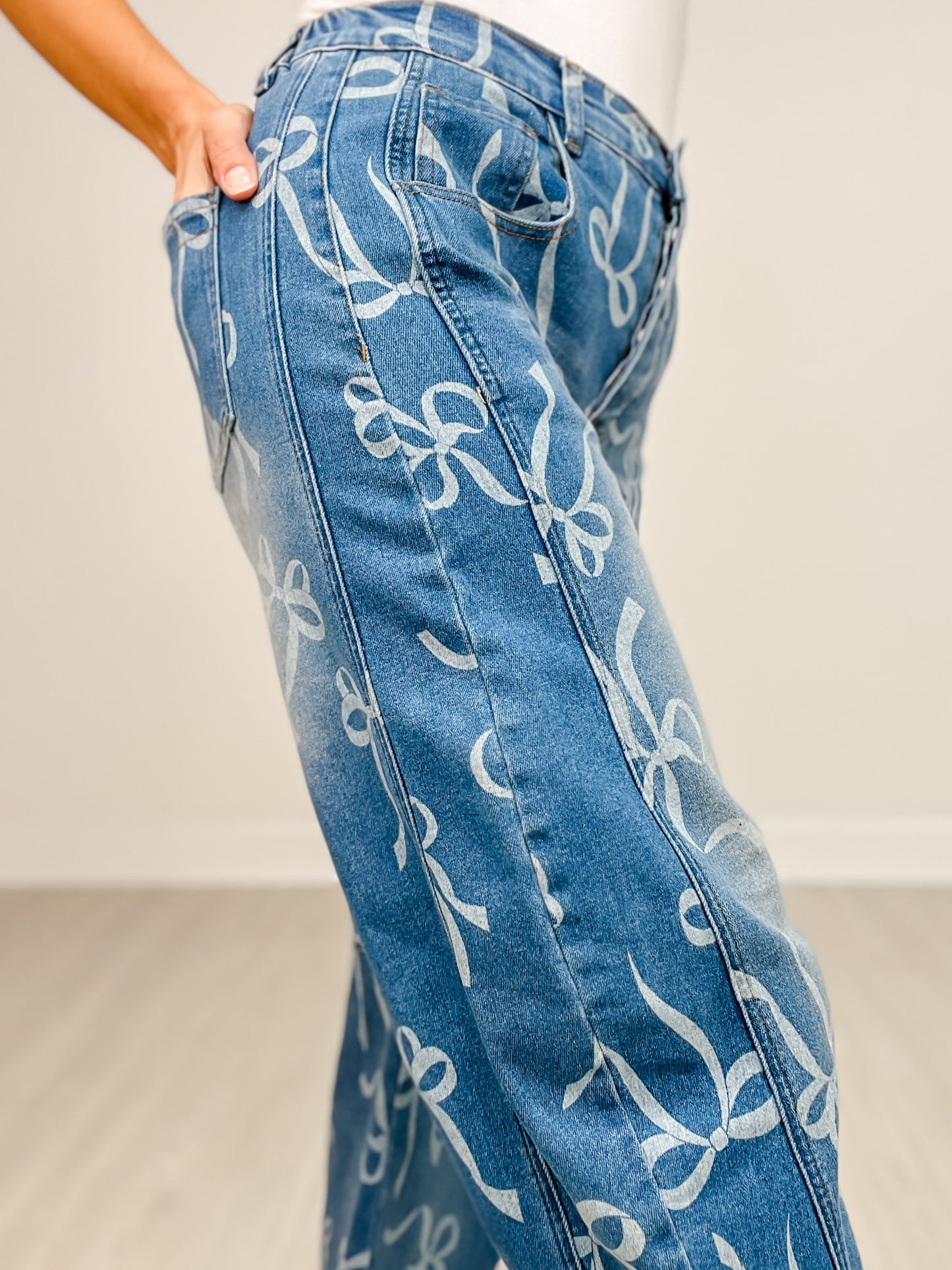 Bow Print Washed Barrel Denim Pants