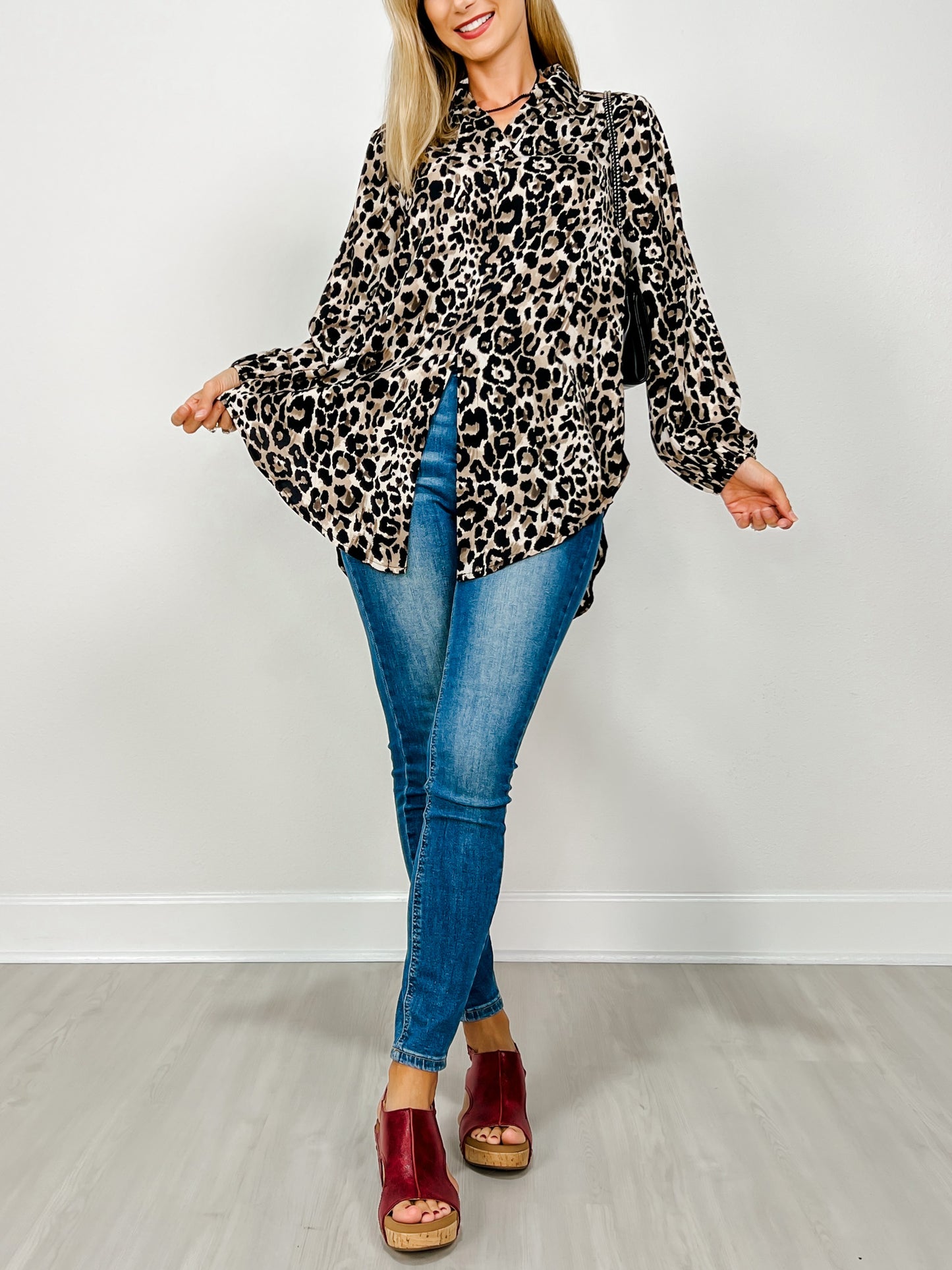 Leopard Print Tunic Top with Long Bubble Sleeves
