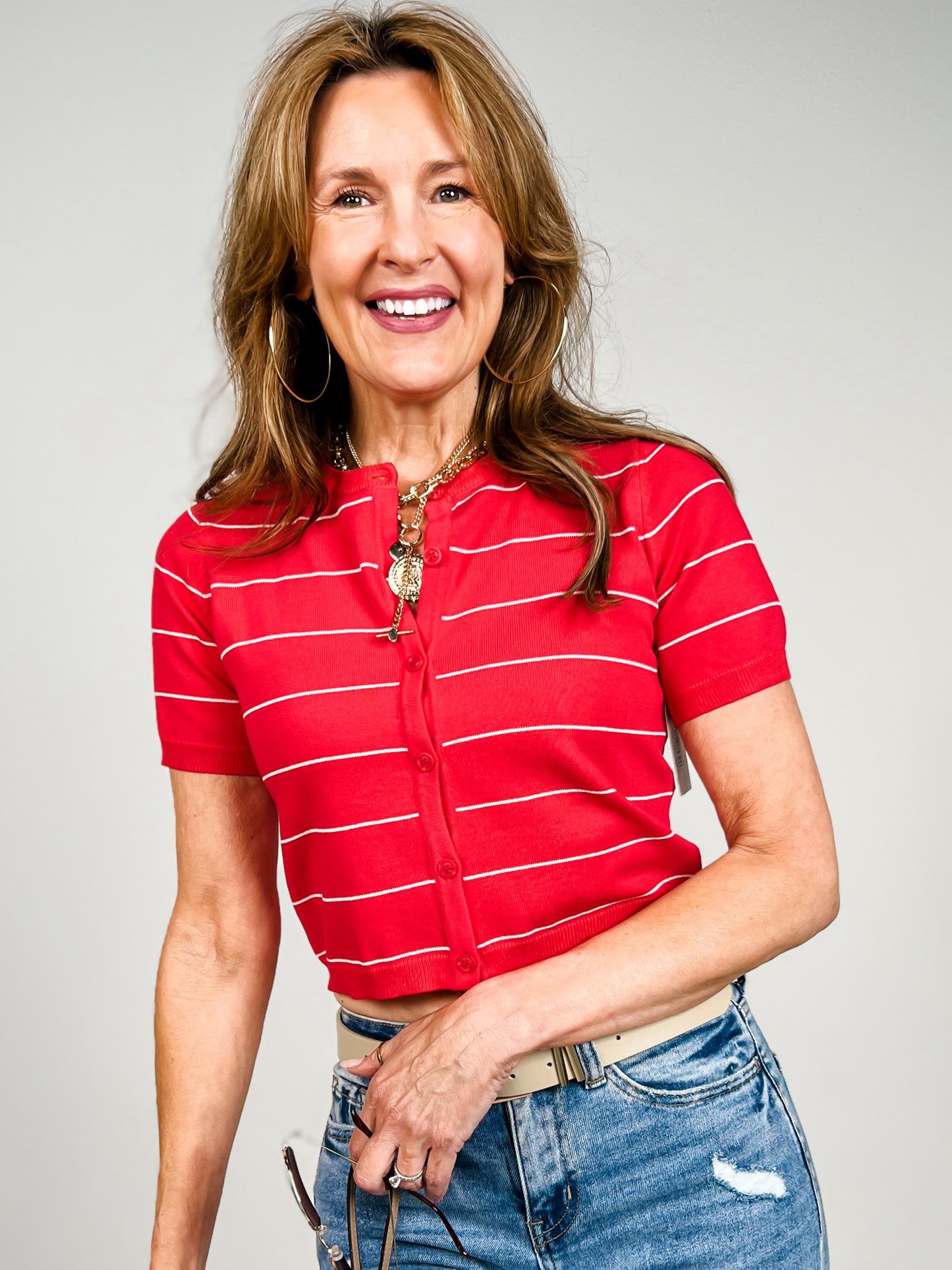 Stripe Short Sleeve Button Down Cropped Cardigan