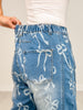 Bow Print Washed Barrel Denim Pants