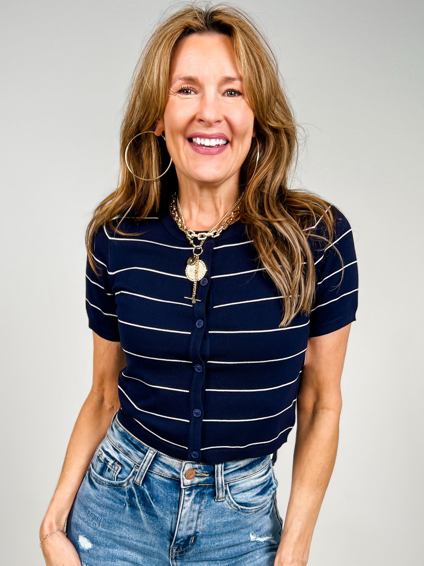 Stripe Short Sleeve Button Down Cropped Cardigan