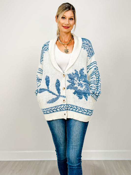 Shawl Collar Cardigan With Blue Floral Knit