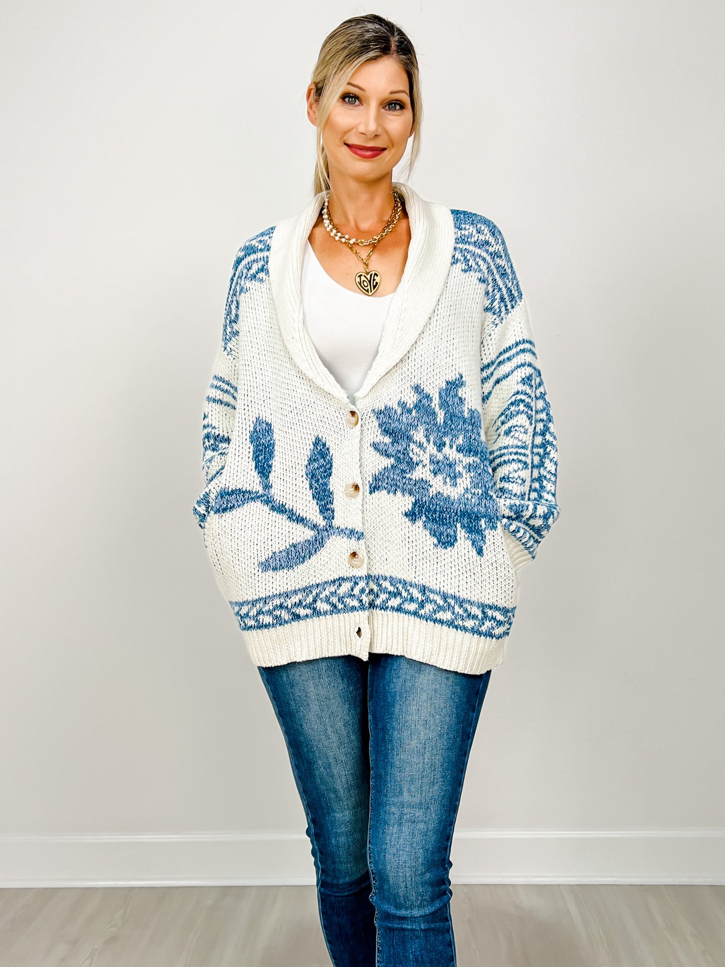 Shawl Collar Cardigan With Blue Floral Knit