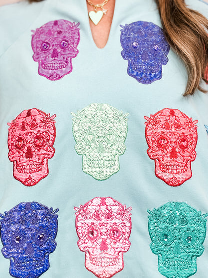 Queen of Sparkles Light Blue Multi Color Sugar Skull Sweatshirt