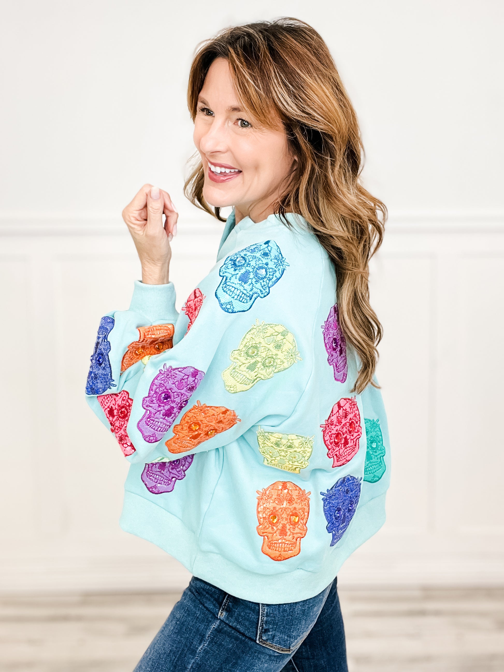 Queen of Sparkles Light Blue Multi Color Sugar Skull Sweatshirt
