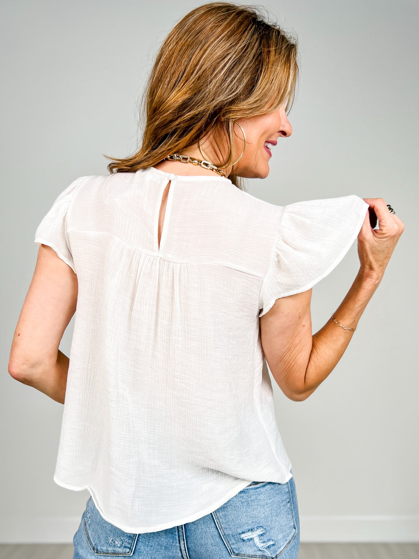 Floral Embroidery Detail Flounce Sleeve Top
