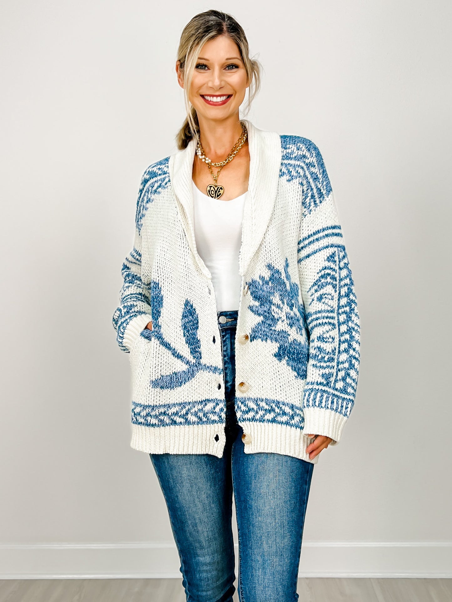 Shawl Collar Cardigan With Blue Floral Knit