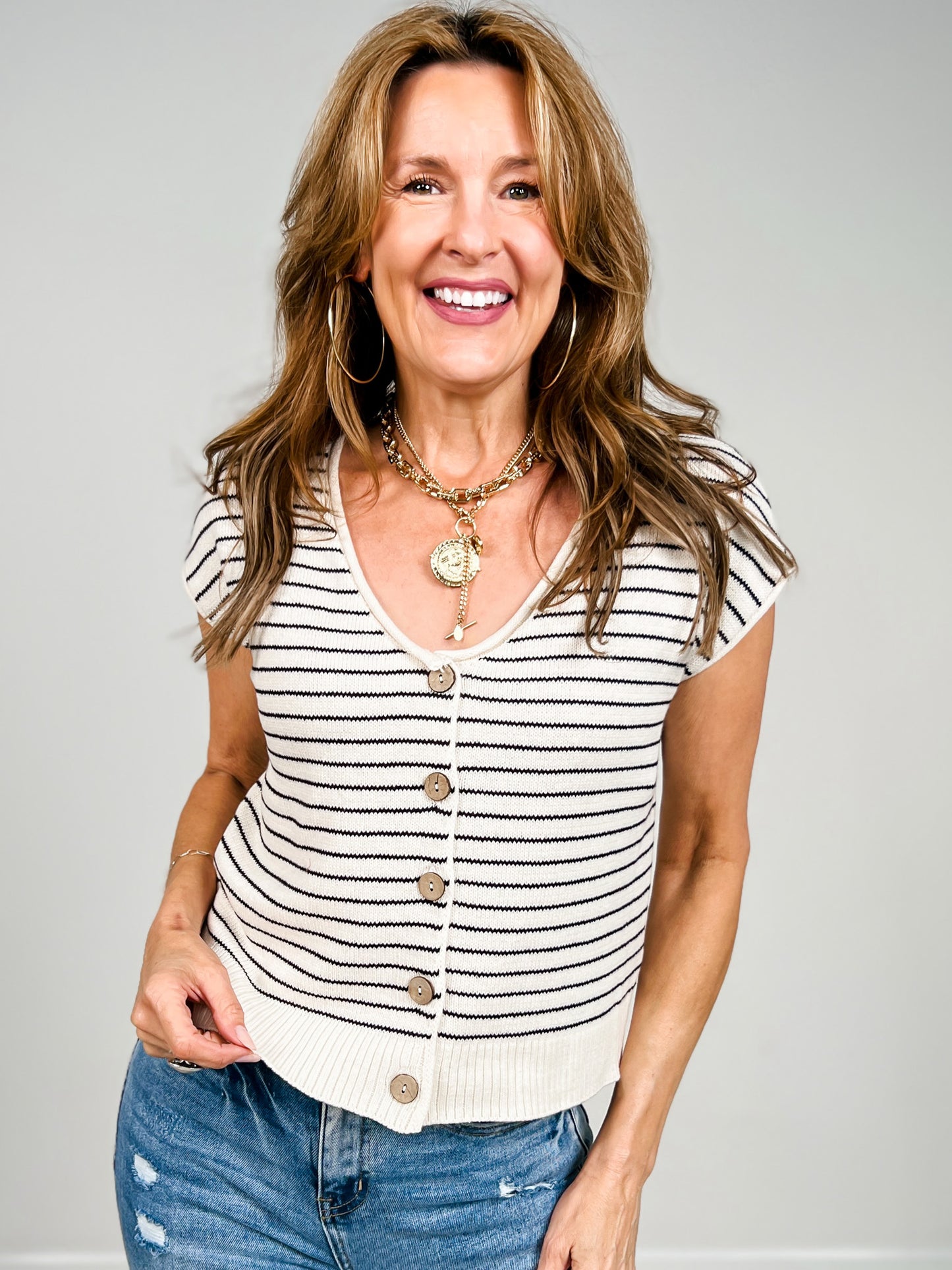 Stripe Scoop Neck Raw Edge Short Sleeve Cardigan