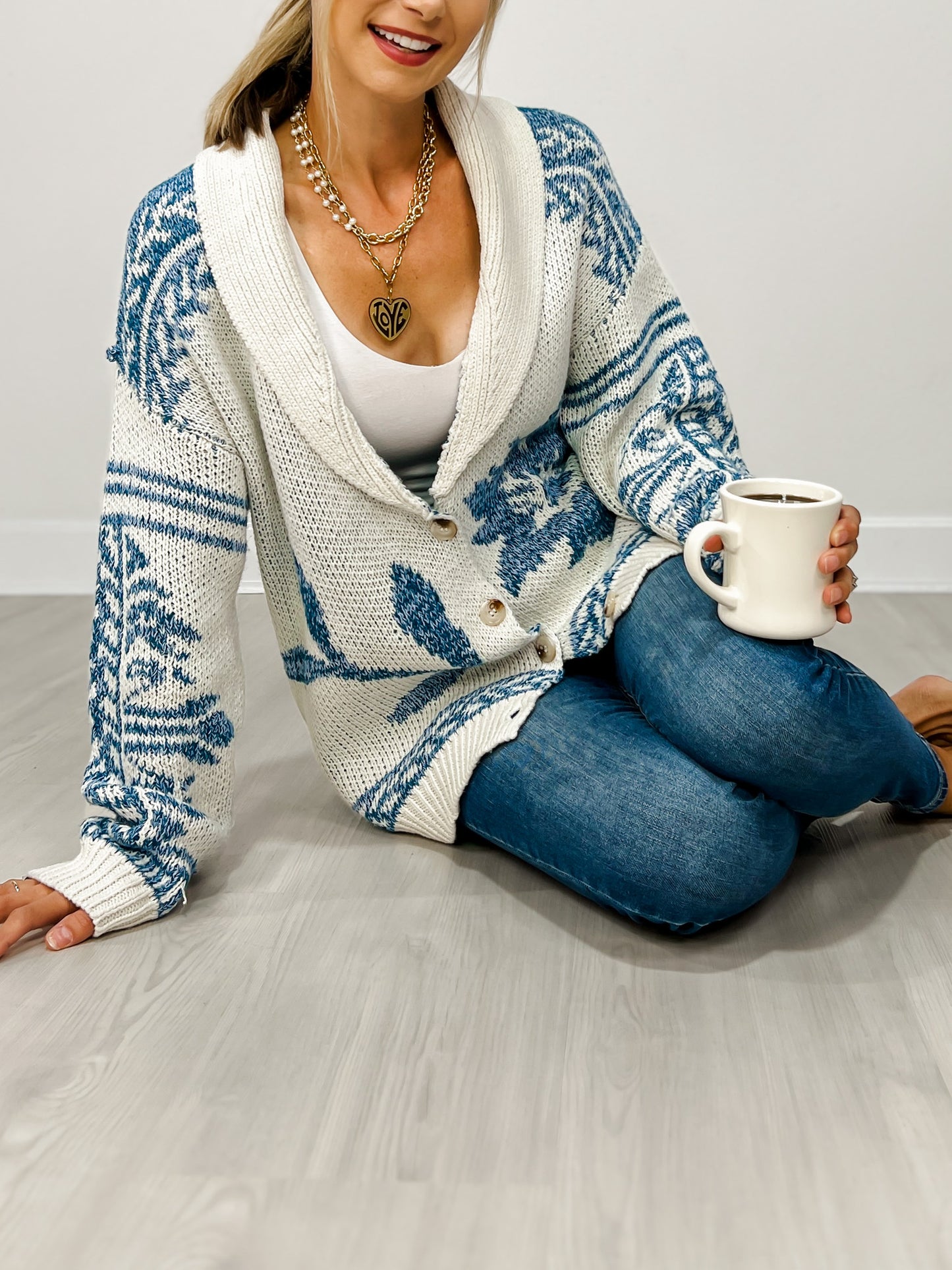 Shawl Collar Cardigan With Blue Floral Knit