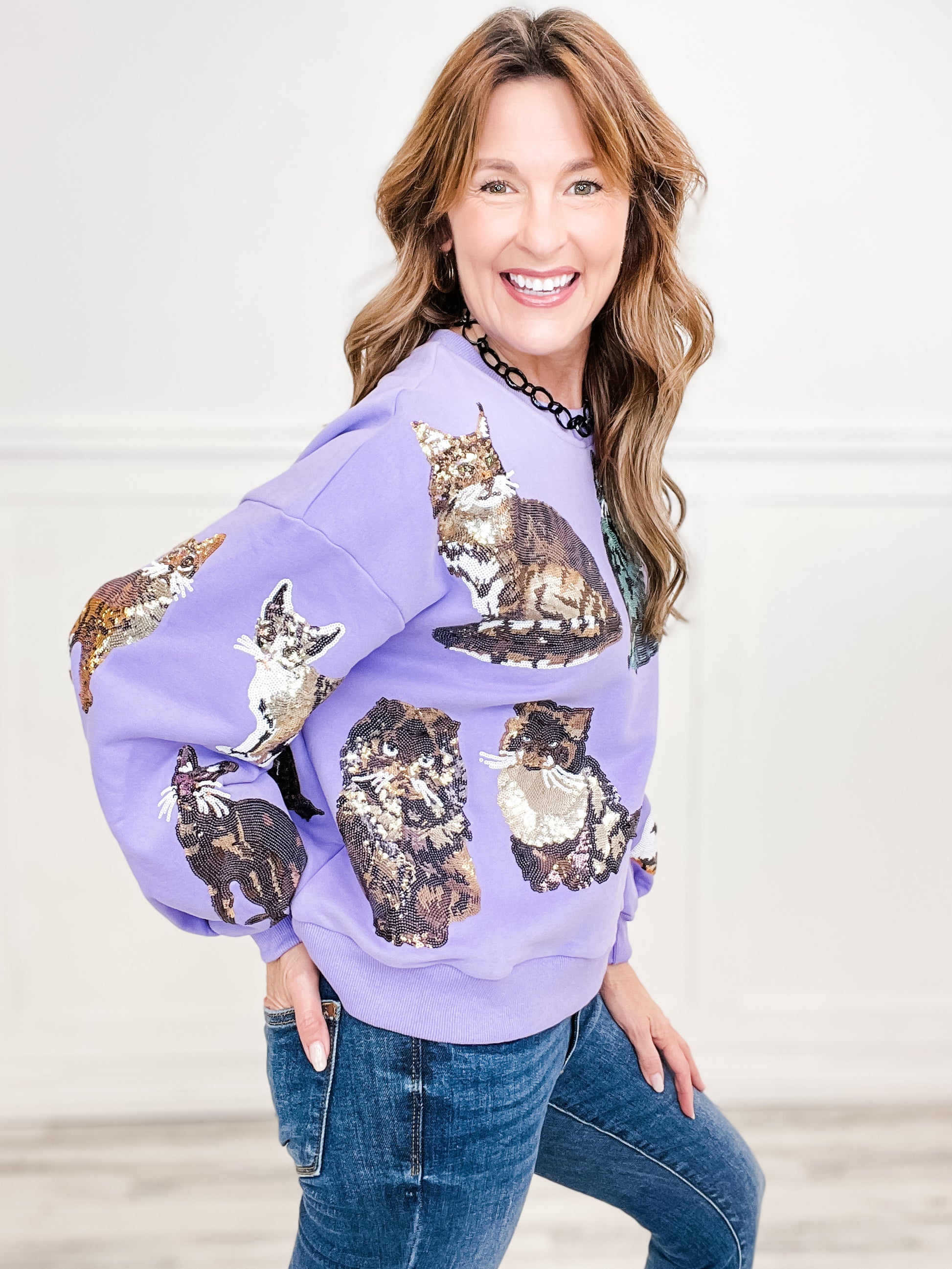 Queen of Sparkles Purple Scattered Cat Sweatshirt