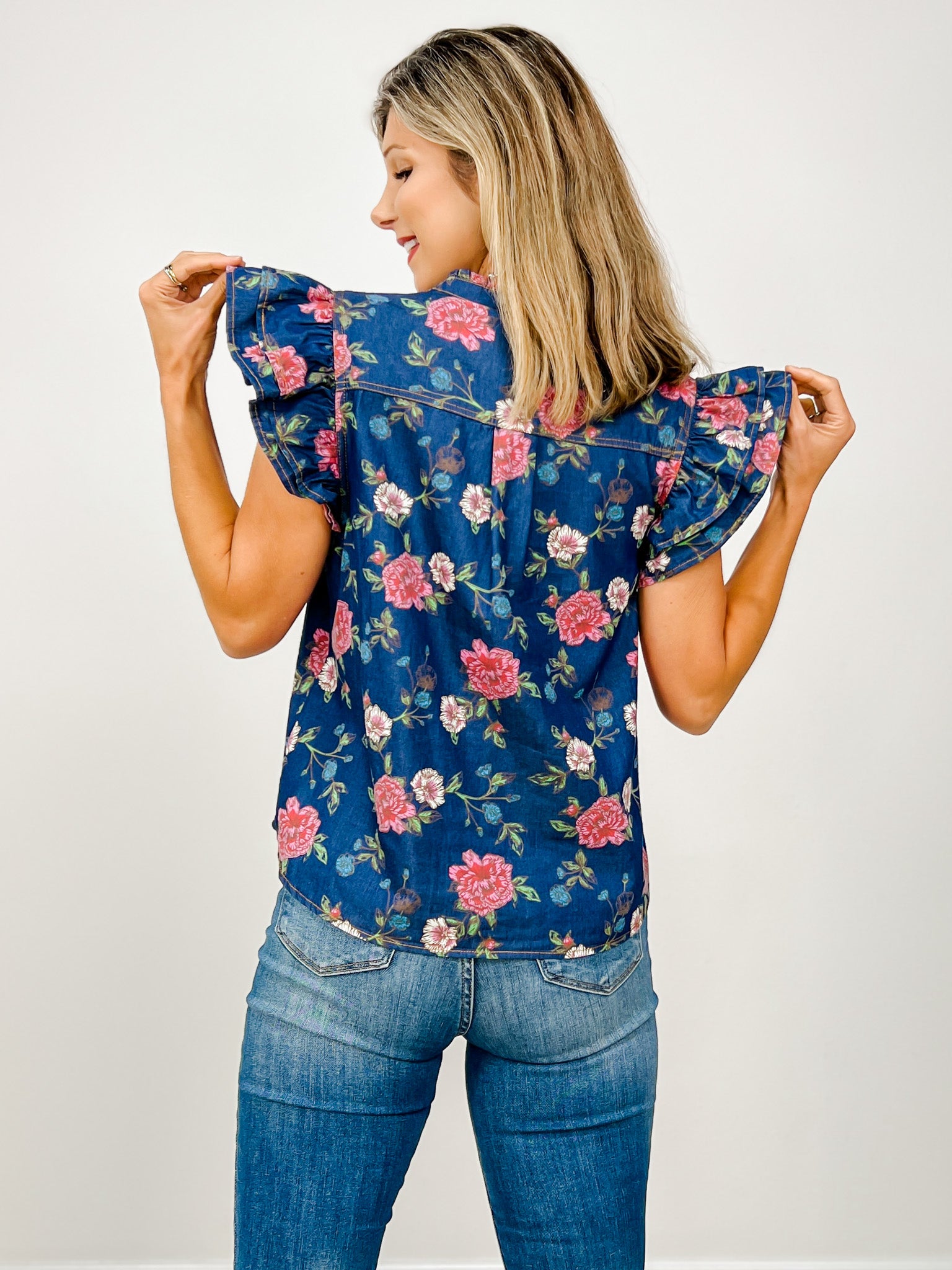 Mineral Wash Floral Ruffled Flutter Sleeve Top