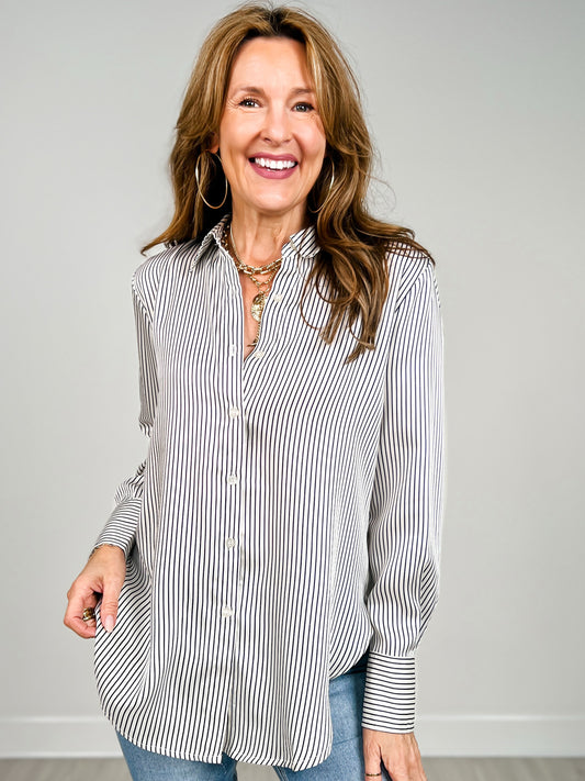 Pinstripe Pattern Collared Long Sleeve Shirt