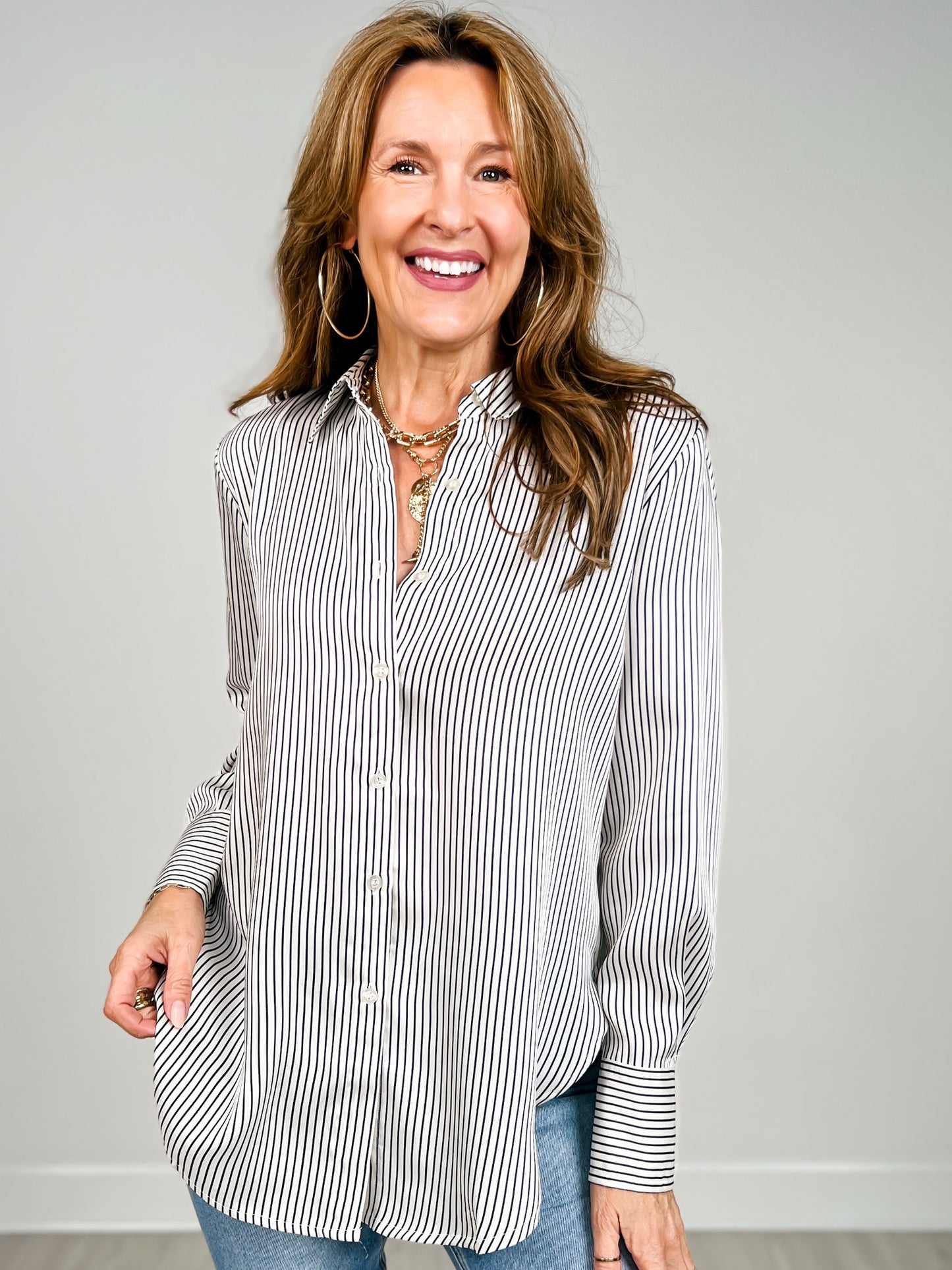 Pinstripe Pattern Collared Long Sleeve Shirt