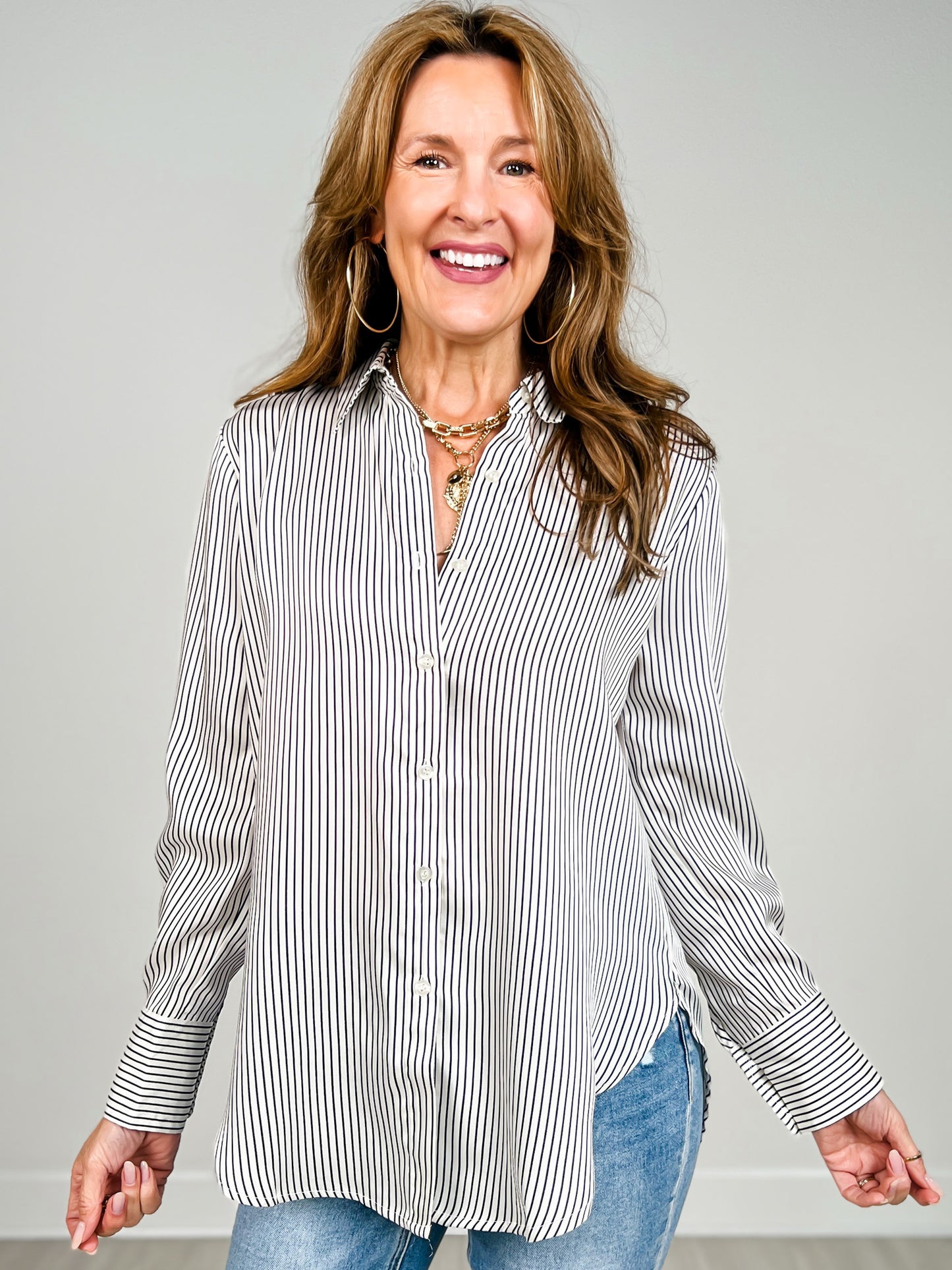 Pinstripe Pattern Collared Long Sleeve Shirt