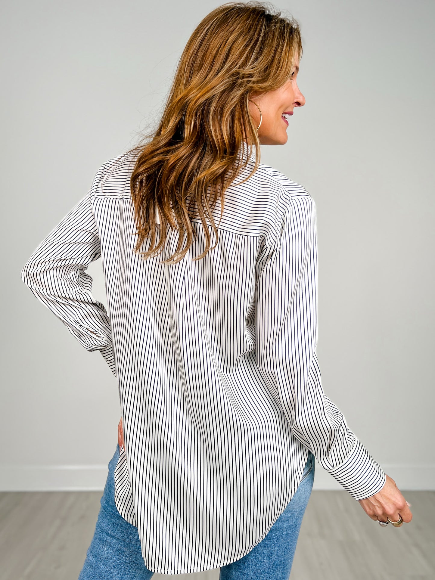 Pinstripe Pattern Collared Long Sleeve Shirt