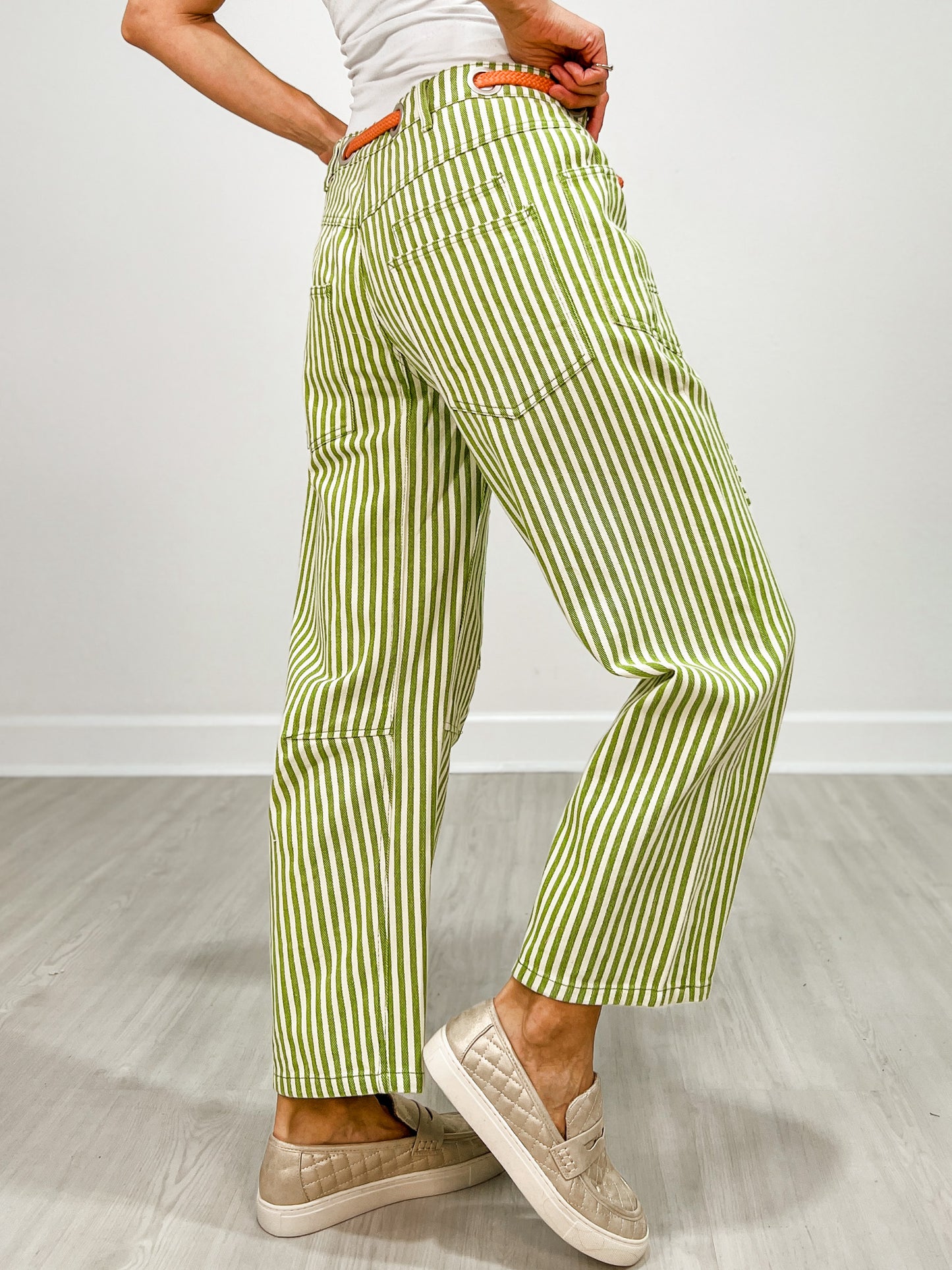 Striped Twill Barrel Pants with Drawstring Waist in Lime
