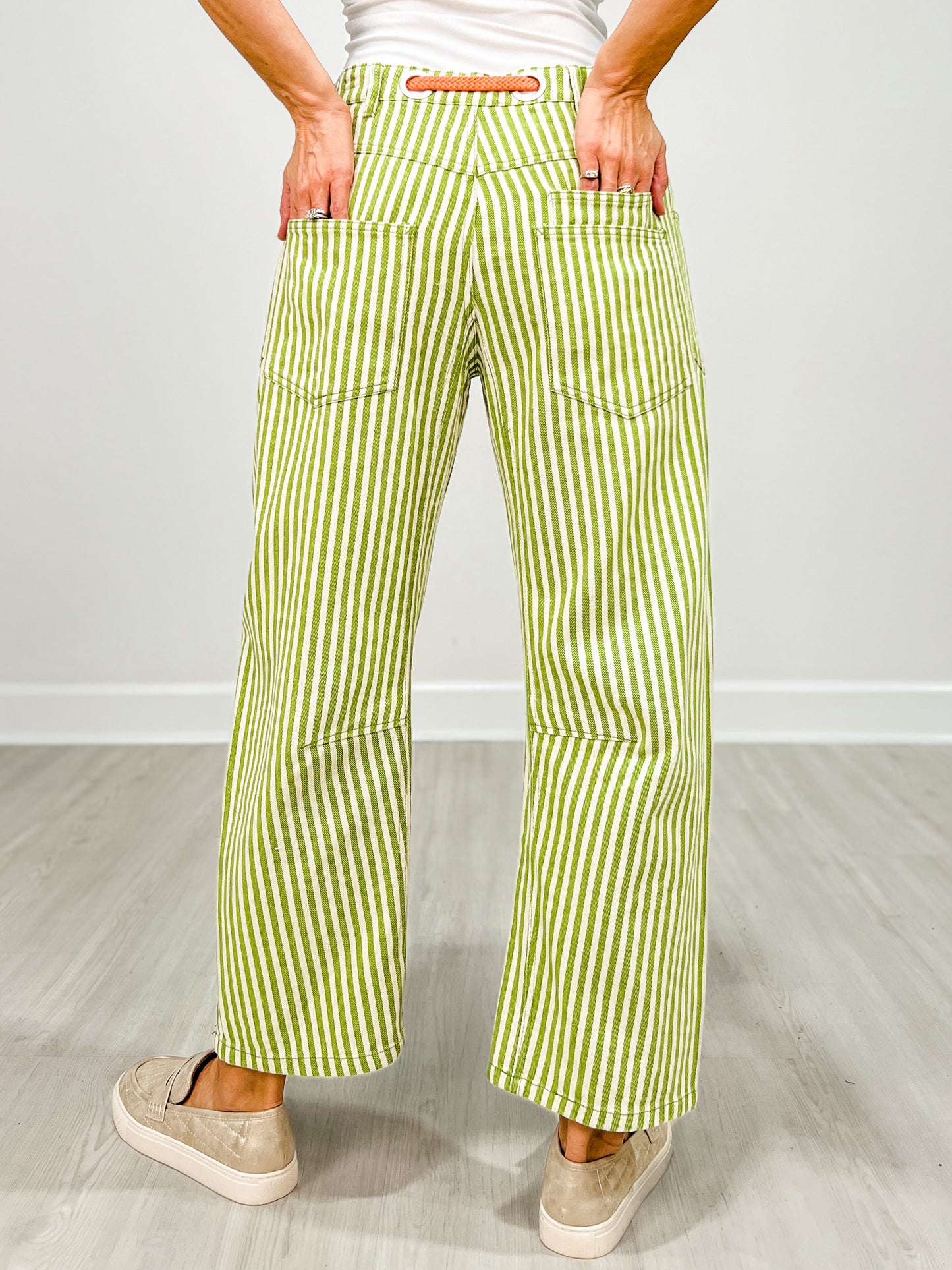 Striped Twill Barrel Pants with Drawstring Waist in Lime
