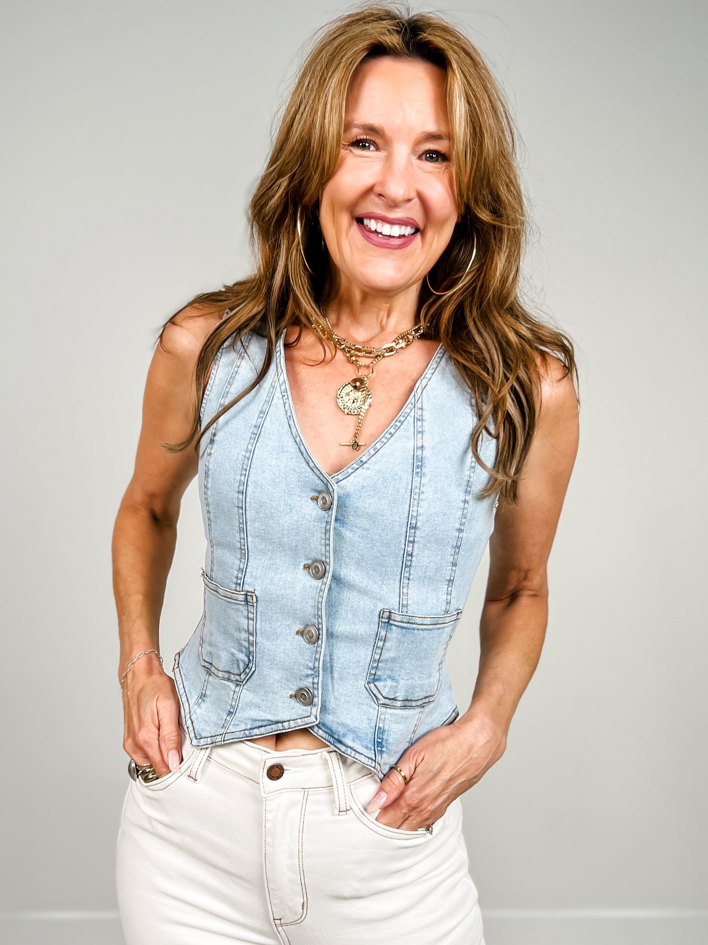 V Neck Sleeveless Button Down Denim Vest