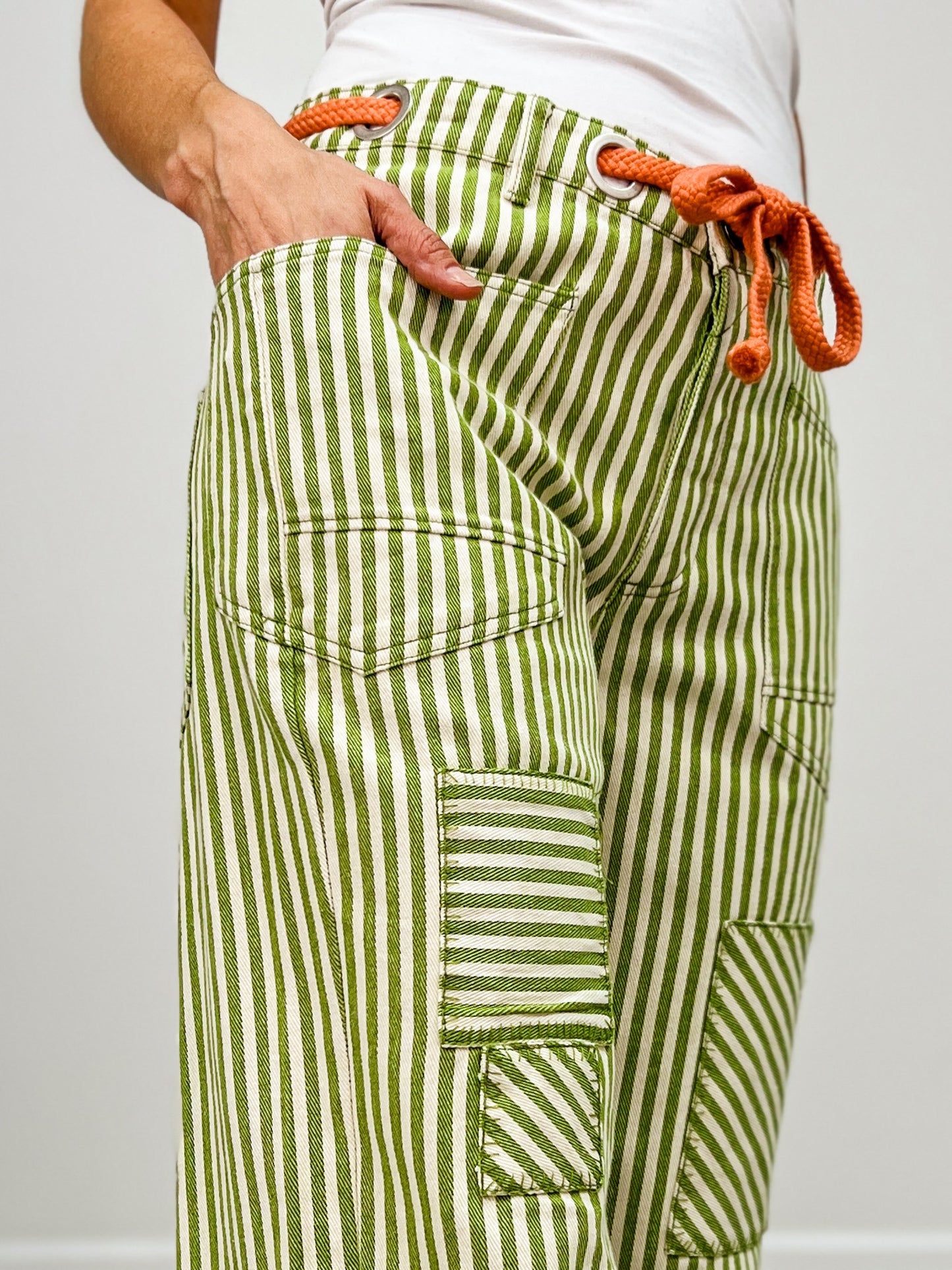 Striped Twill Barrel Pants with Drawstring Waist in Lime