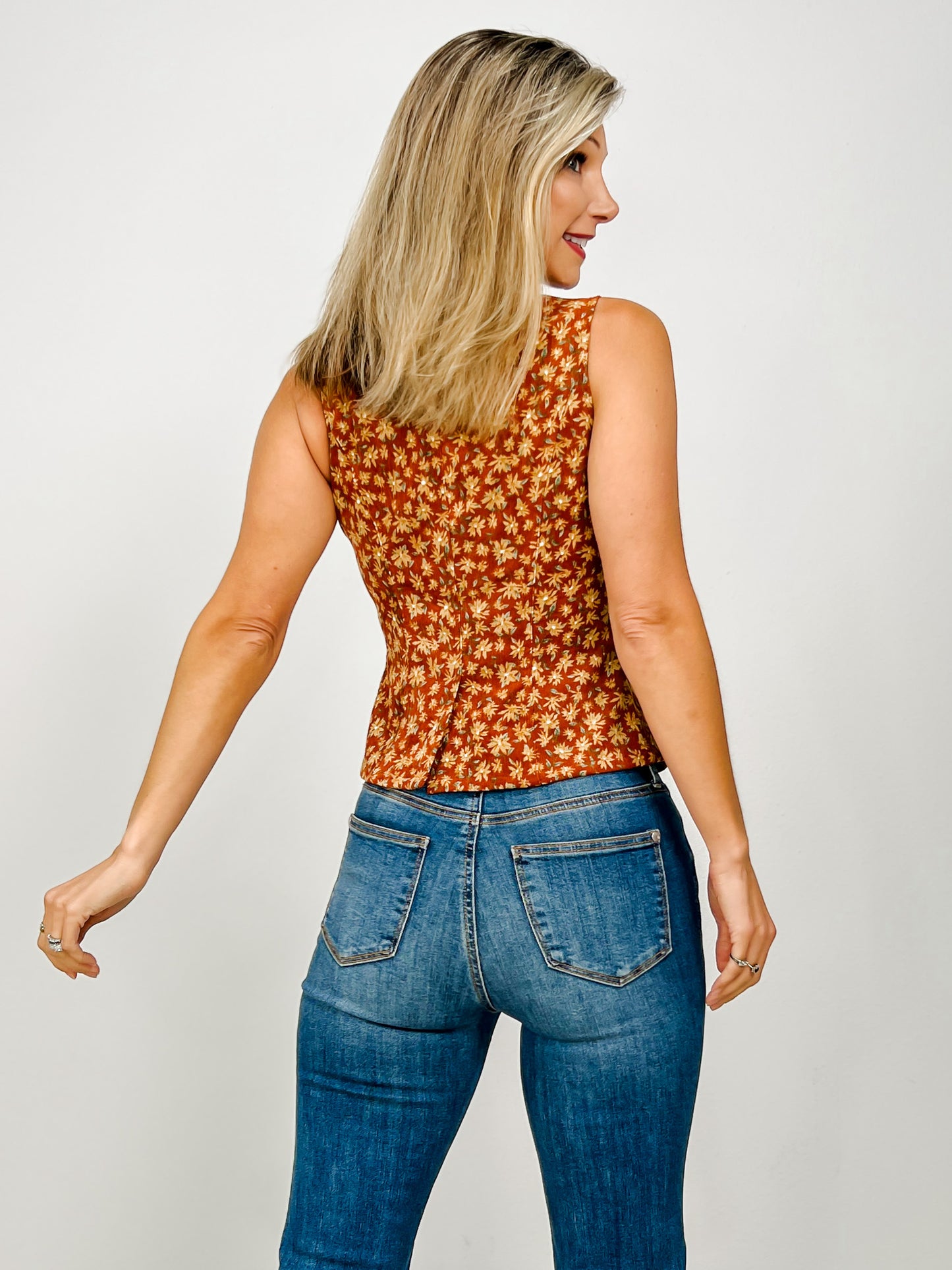 Slim Fit Button Front Floral Corduroy Vest Top