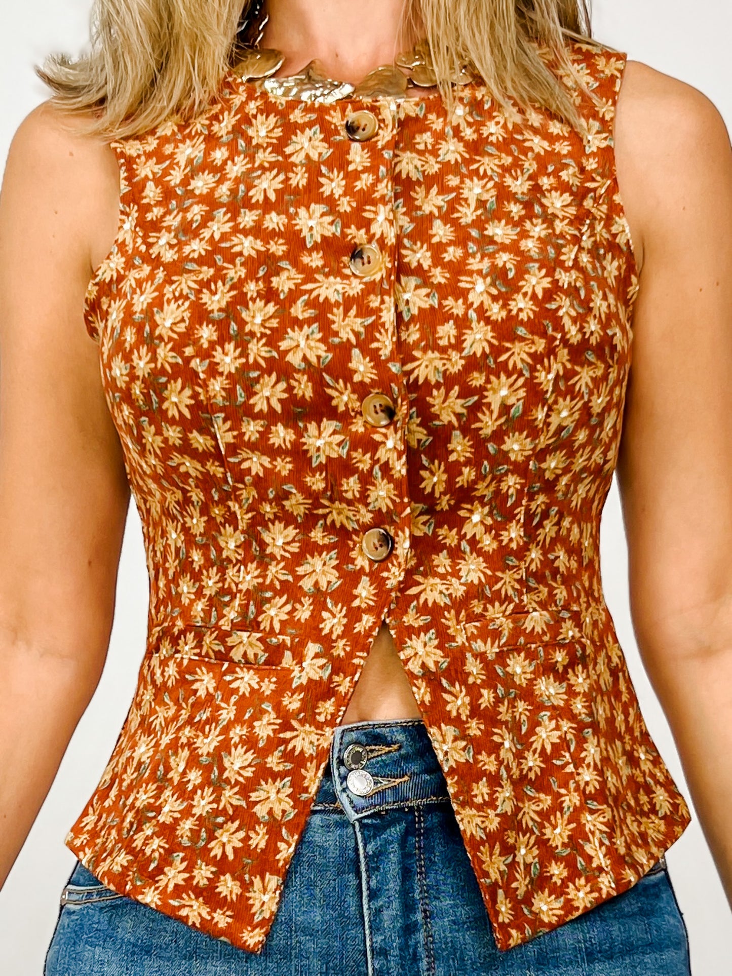 Slim Fit Button Front Floral Corduroy Vest Top