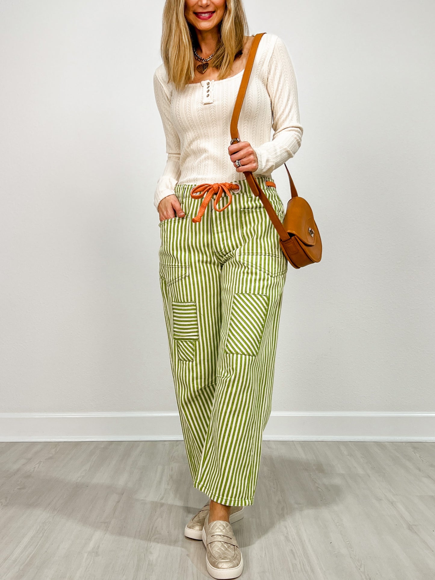 Striped Twill Barrel Pants with Drawstring Waist in Lime