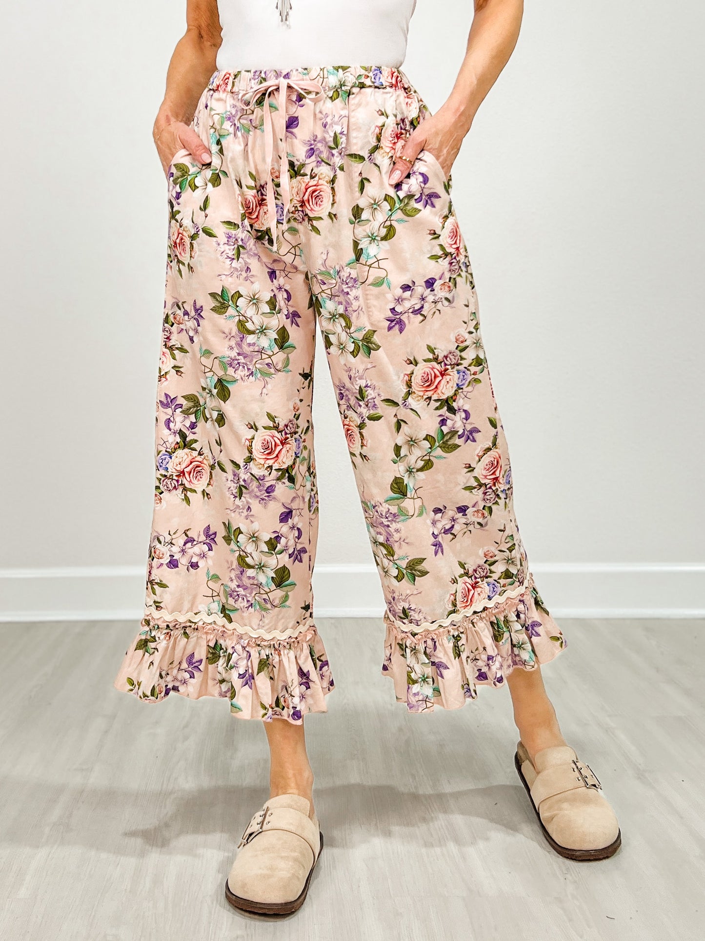 Ruffle Hem Midi Bloomer Pants with Drawstring Waist