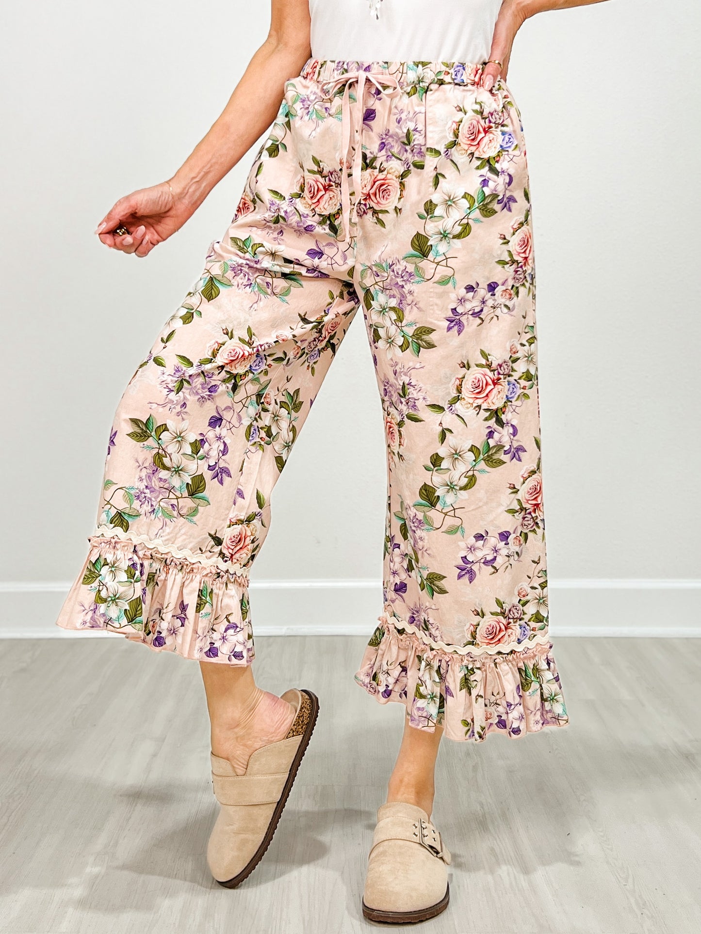 Ruffle Hem Midi Bloomer Pants with Drawstring Waist