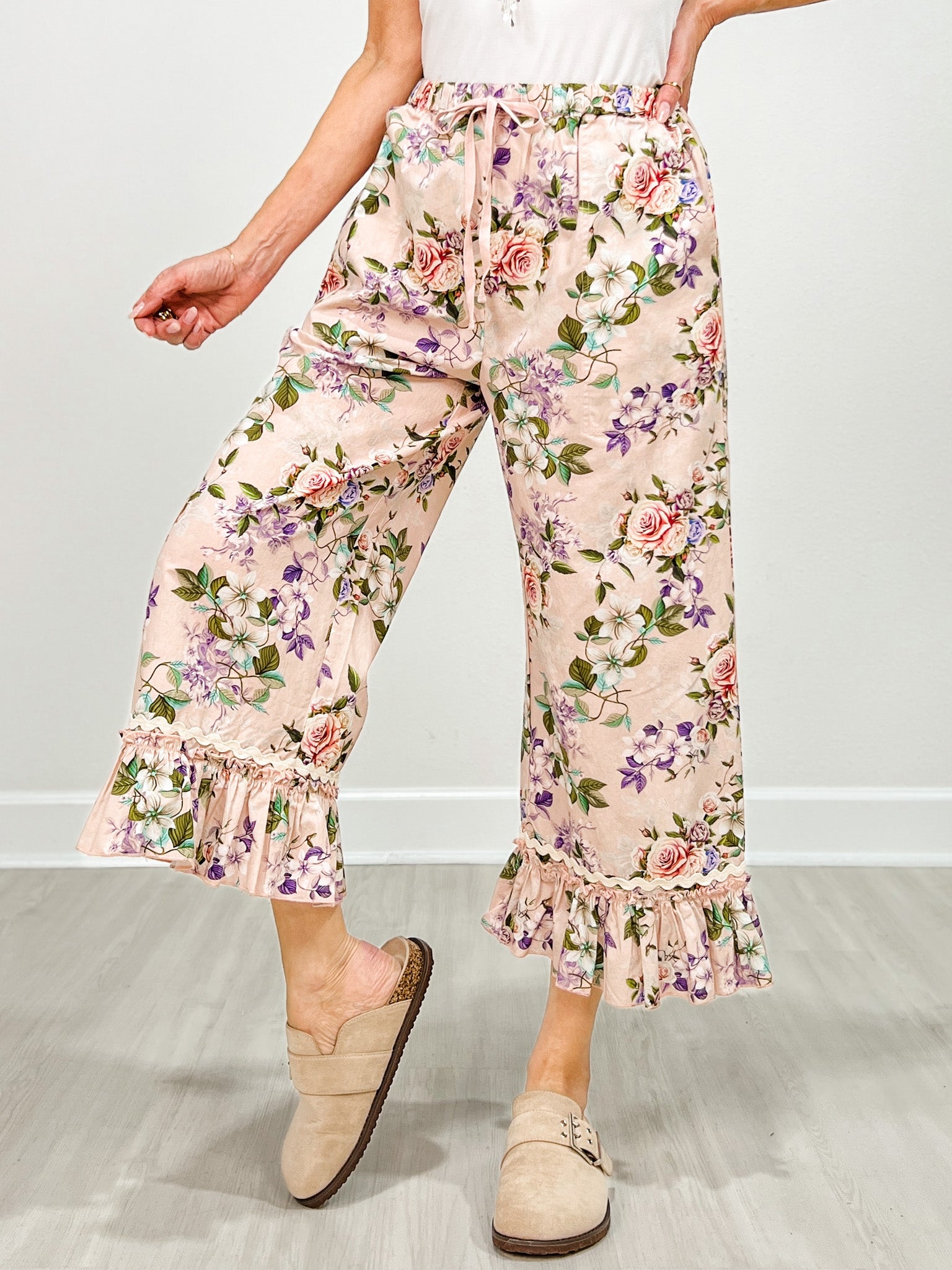 Ruffle Hem Midi Bloomer Pants with Drawstring Waist