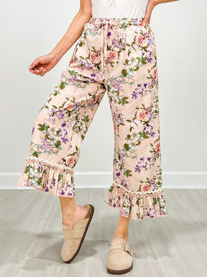 Ruffle Hem Midi Bloomer Pants with Drawstring Waist