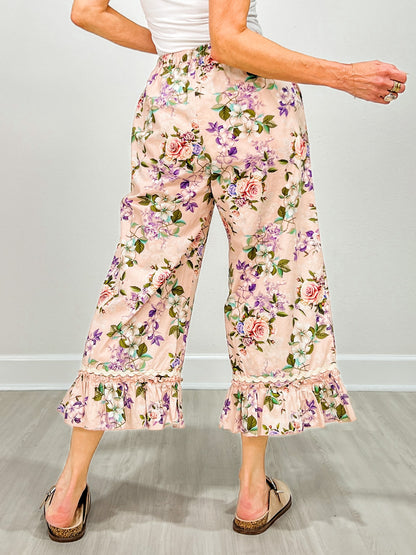 Ruffle Hem Midi Bloomer Pants with Drawstring Waist