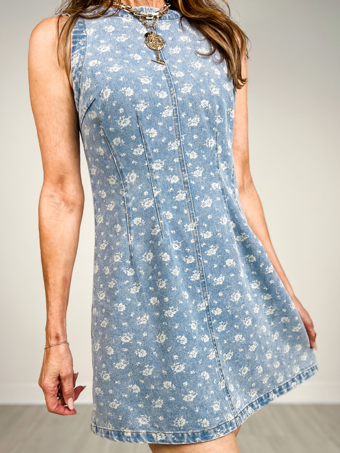 Floral Washed Denim Pattern Sleeveless Mini Dress