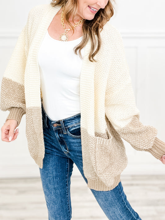 Long Sleeve Solid Knit Open Front Color Block Cardigan